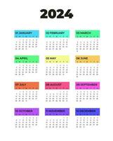 Calendar 2024, week starts from Sunday, on white background black text with colored strips, template, vector. bright design. vector