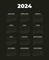 Calendar 2024, week starts from Sunday, on yerne background white text, template, vector. vector