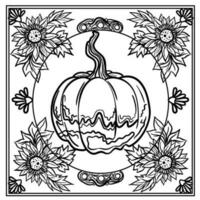 Coloring page with pumpkin and sunflowers in doodle technique vector