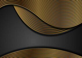 Black corporate wavy background with golden lines vector