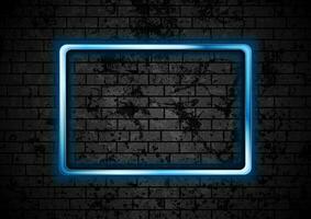 Blue glowing neon rectangle frame on brick wall vector