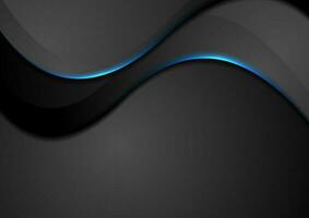 Black abstract wavy background with blue neon light vector