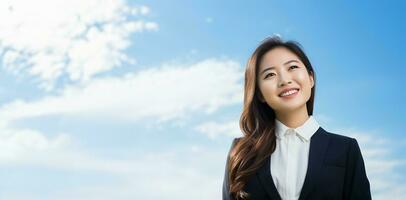 Smiling young businesswoman in the blue sky. AI generated photo