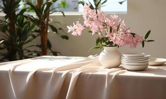 Soft beige cotton tablecloth on counter table photo