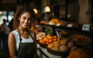 un simpático mujer trabajando en un Al por menor almacenar. ai generado foto