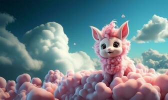 cute unicorn perched on a flying cloud. AI Generated photo