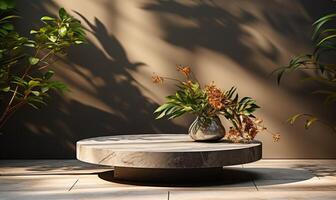 Modern gray granite stone side table. AI Generated photo