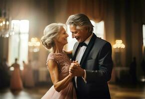 Happy dancing romantic loving old couple at the wedding. AI Generated photo