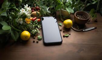 Mobile phone mock up for searching and shopping online grocery, app for recipe, nutrition and diet. Blank smartphone. photo