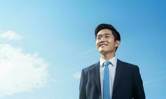 un joven asiático empresario con un seguro, radiante sonrisa. ai generado foto