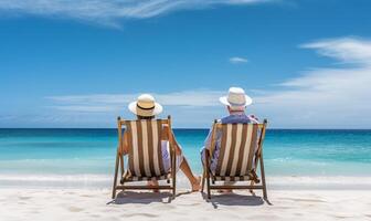 Retired traveling couple resting together on sun loungers during beach vacations on a tropical island. AI Generated photo