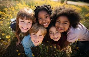 Group of diverse cheerful fun happy multiethnic children outdoors. photo