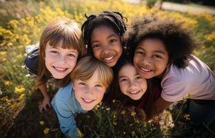 grupo de diverso alegre divertido contento multiétnico niños al aire libre. ai generado foto