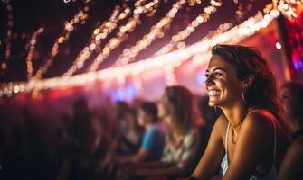 mujer riendo y teniendo un bueno hora a un concierto a un música festival. ai generado foto