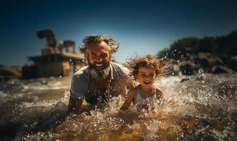 mayor hombre y un niño jugando y salpicaduras con agua en un playa en verano. ai generado foto