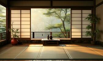 Empty traditional Japanese style room with tatami mat floor in sunlight from wood shoji. AI Generated photo