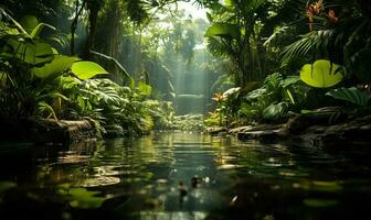 hermosa tropical jardín abundante con lozano vegetación. ai generado foto