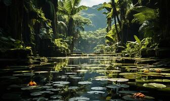 hermosa tropical jardín abundante con lozano vegetación. ai generado foto