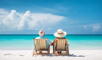 Retired traveling couple resting together on sun loungers during beach vacations on a tropical island. AI Generated photo