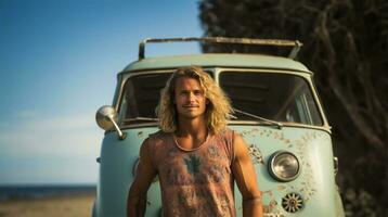 tablista posando en frente de su camioneta con un tabla de surf en su manos cerca el playa. ai generado foto