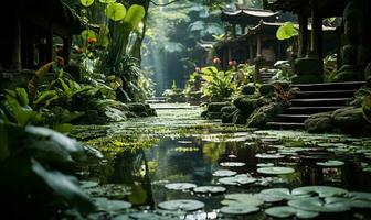 beautiful tropical garden abundant with lush vegetation. AI Generated photo