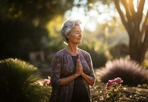 Calm old woman with closed eyes during yoga meditation. AI Generated photo