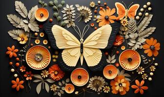 Butterfly with leaves and flowers in the style of Charley Harper AI Generated photo