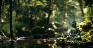 statue of a meditating Buddha placed on a rock in an idyllic bamboo garden. AI Generated photo