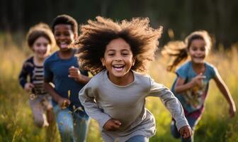 grupo de diverso alegre divertido contento multiétnico niños al aire libre. ai generado foto