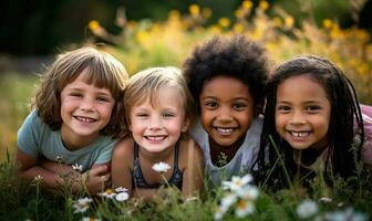 grupo de diverso alegre divertido contento multiétnico niños al aire libre. ai generado foto