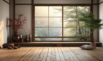 Empty traditional Japanese style room with tatami mat floor in sunlight from wood shoji. photo