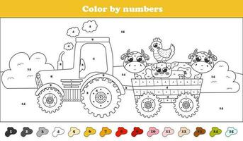 Color by numbers page with tractor and farm animals - cows, pig and hen, printable worksheet for kids vector