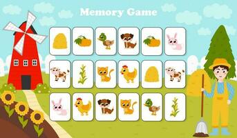 Memory game for kids with farm themed cards in cartoon style with haystacks, animals and farmer boy digging vector