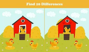 Find ten differences game with farm animals - hen and chicken, colorful printable riddle for kids in cartoon style vector