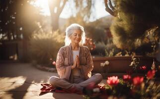 Calm old woman with closed eyes during yoga meditation. AI Generated photo