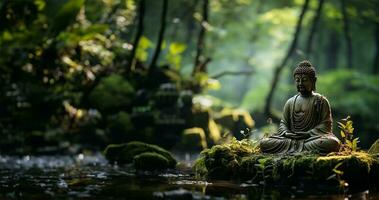 statue of a meditating Buddha placed on a rock in an idyllic bamboo garden. AI Generated photo
