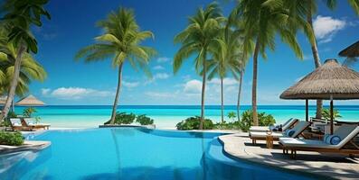 Luxurious swimming pool and loungers umbrellas near beach and sea with palm trees and blue sky. AI Generated photo