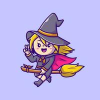 Cute Witch female Riding Magic Broom Cartoon Vector Icon  Illustration. People Holiday Icon Concept Isolated Premium  Vector. Flat Cartoon Style