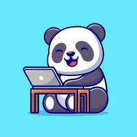 linda panda trabajando en ordenador portátil dibujos animados vector icono ilustración. animal tecnología icono concepto aislado prima vector. plano dibujos animados estilo