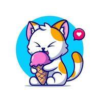 linda gato comiendo hielo crema cono dibujos animados vector icono ilustración. animal comida icono concepto aislado prima vector. plano dibujos animados estilo