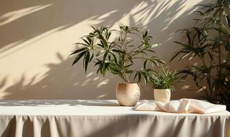 Soft beige cotton tablecloth on counter table AI Generated photo