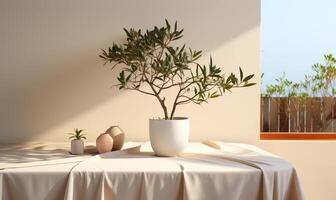 Soft beige cotton tablecloth on counter table photo