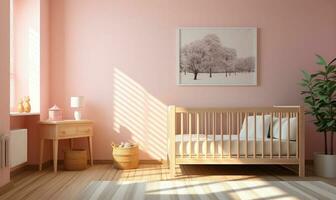 wooden baby cot bed on shag rug. AI Generated photo