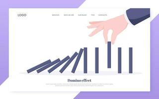 Domino effect business concept. Hand stops chain reaction of falling board game blocks of dominoes. vector