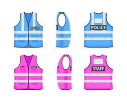 Safety reflective vest with labels tag flat style design vector illustration set.