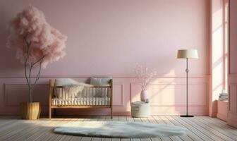 wooden baby cot bed on shag rug. AI Generated photo