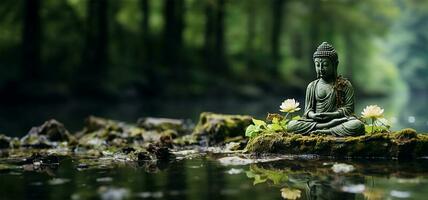 Buda estatua descansando en un rock por un sereno lago. ai generado foto