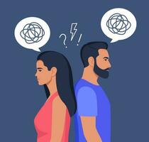 Man and woman stand with their backs to each other, tangled thoughts in their head. Concept of divorce, misunderstanding, disagreement, relationship troubles. Man and woman in a quarrel. Vector. vector