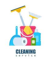 Cleaning service and household supplies. Design concept for web banner, infographic, poster. Detergent and disinfectant products with bucket, mop, detergent. Vector illustration.