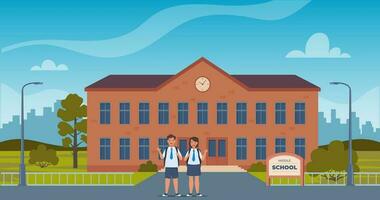 School building and front yard with happy pupils. Back to school concept. Vector illustration.